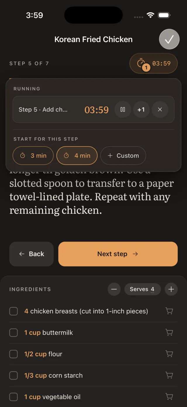 Cook mode on an iPhone, step 5 of 7 of Korean Fried Chicken with a four-minute timer running above the step and the ingredients beneath it.