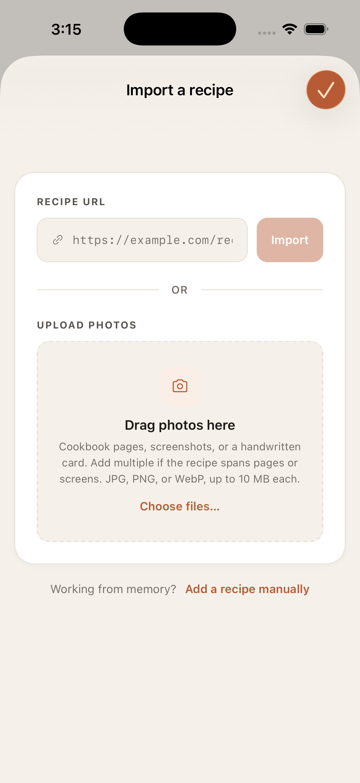 The import screen showing a URL field and a parsed recipe preview.