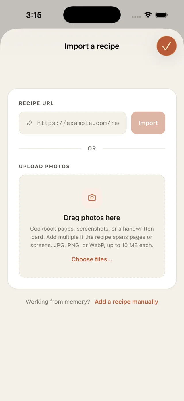 The import screen showing a URL field and a parsed recipe.