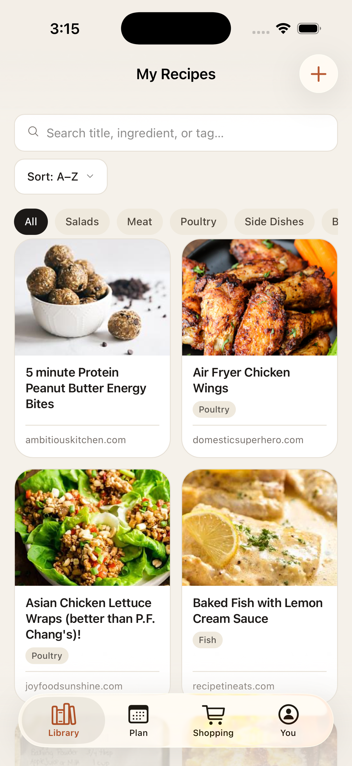 The recipe library with tag filters narrowing 204 recipes down to 4 matches.
