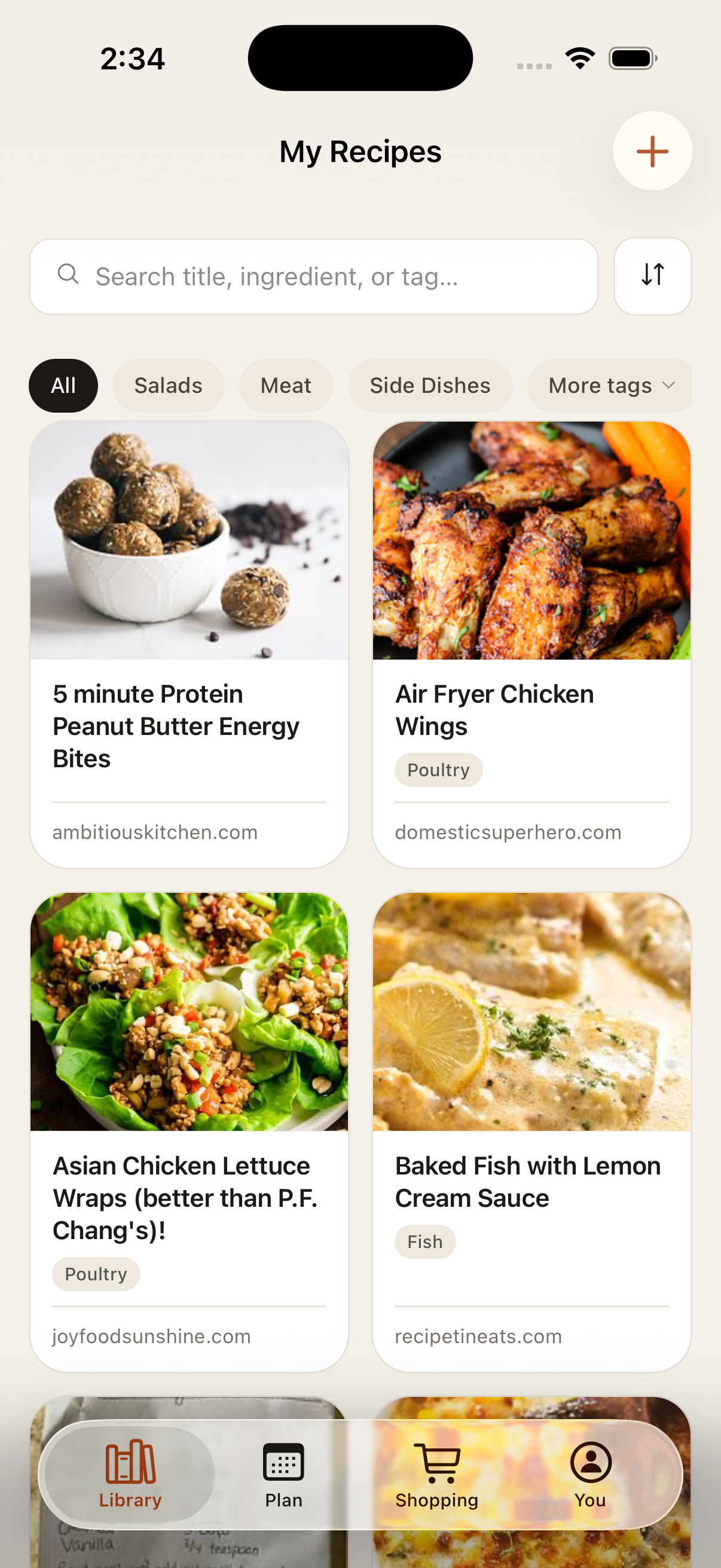 The library view showing a grid of saved recipes with tag filters at the top.