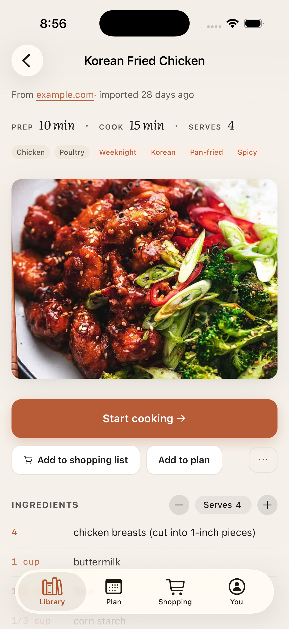 A recipe page open in Prep Slate showing Korean Fried Chicken, ingredients, and a Start cooking button.