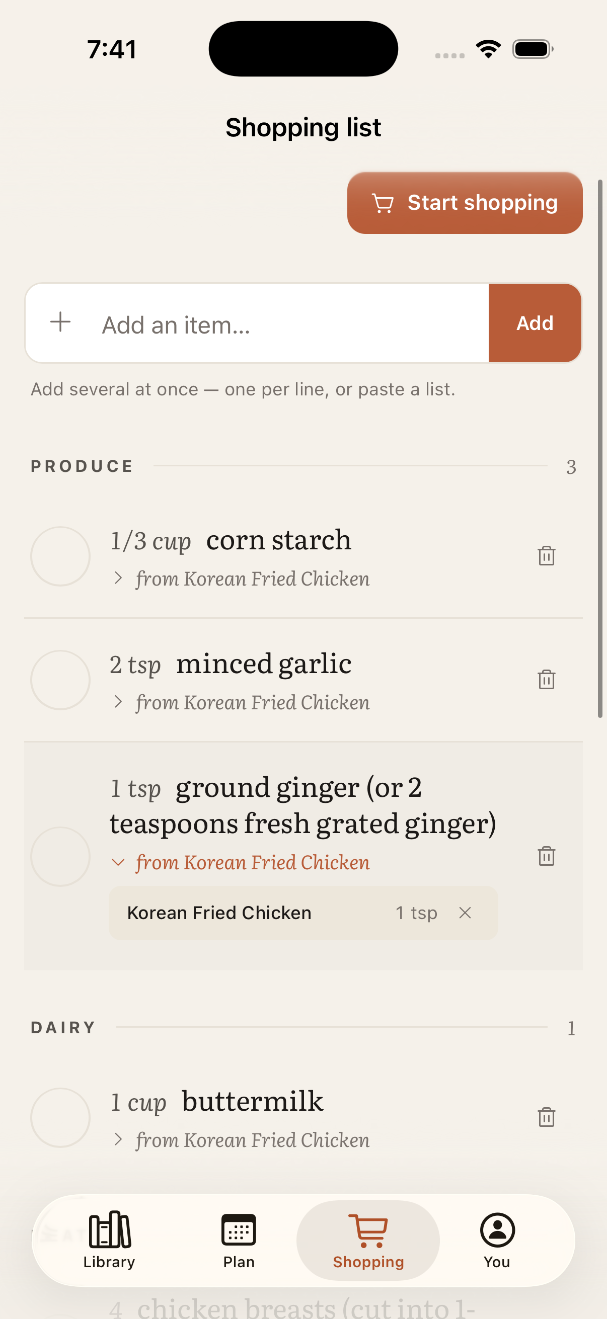 The shopping list rolled up from a week of recipes, with items deduplicated and grouped.